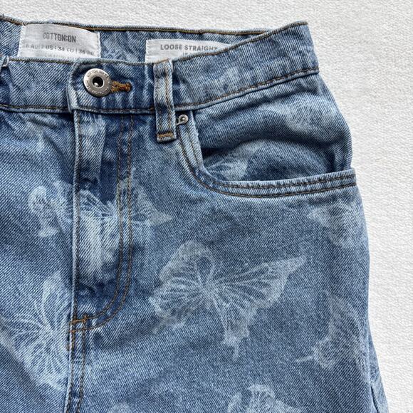 Cotton:On Womens Size 2 Jeans Butterfly Print Light Wash Loose Straight - Picture 8 of 15
